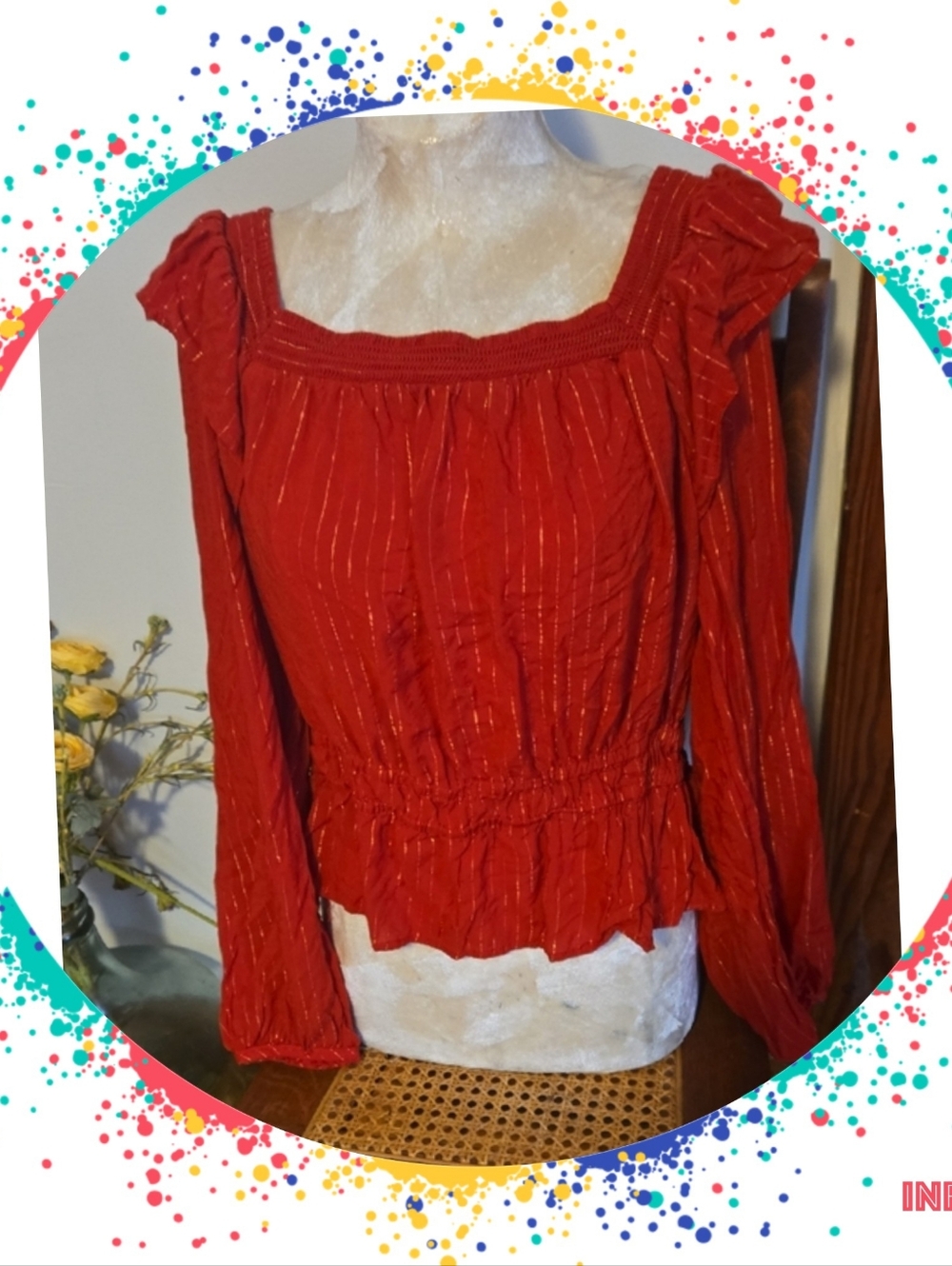 Red Long-Sleeve Ruffled Peasant Top